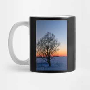 Sunset winter landscape with snow-covered road in violet and pink colors Mug